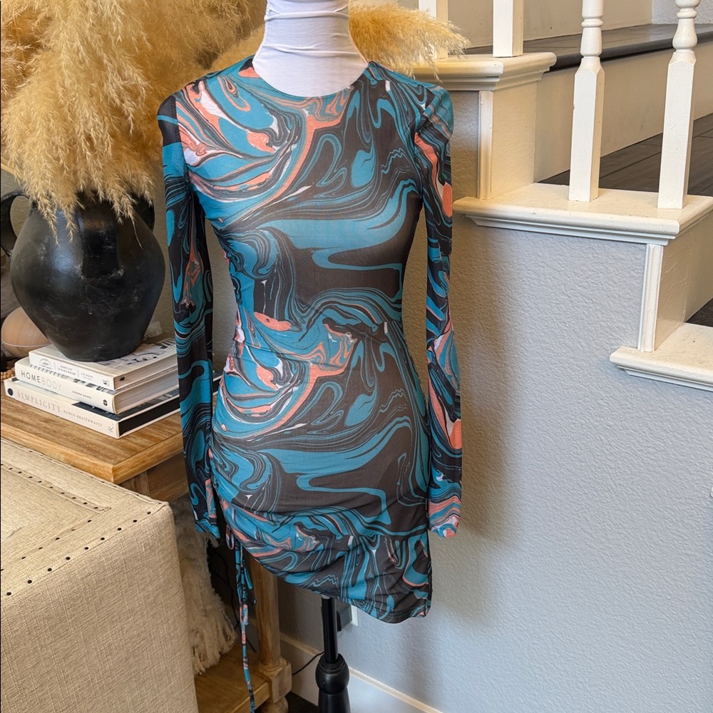 Superdown Katya Ruched Mini Dress Long Sleeve Mesh Bodycon Size XS - Picture 3 of 8
